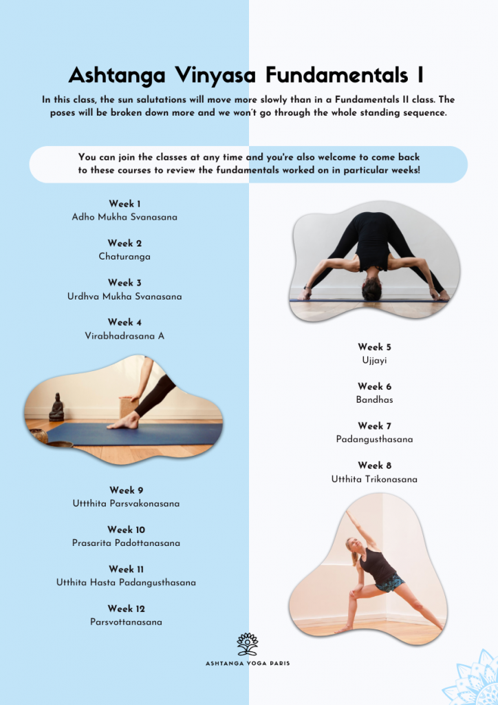 Ashtanga Vinyasa Foundations 1 – Weekly Focus Schedule: In this class, the sun salutations will be performed more slowly than in the Fundamentals II class. Poses will be broken down in greater detail, and we will not go through the entire standing sequence.