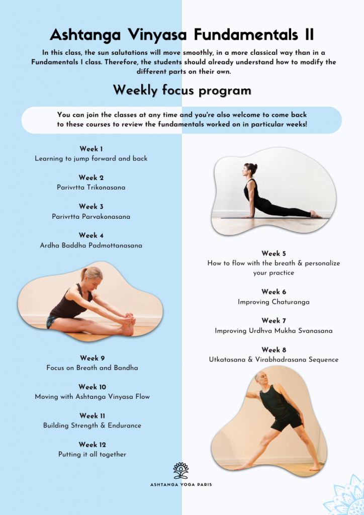 Ashtanga Vinyasa Foundations 2 – Weekly Focus Schedule: Whole standing sequence. In this class, the sun salutations will be performed in a more consistent and traditional manner than in a Foundations I class. Students should therefore already know how to modify them on their own.