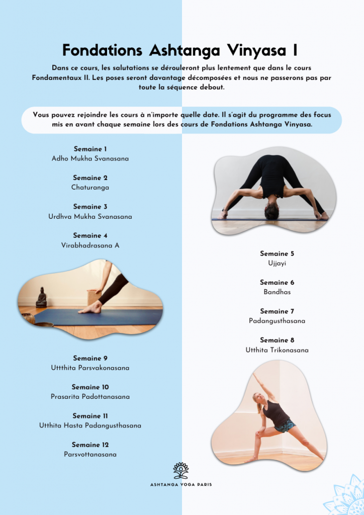 Fondations Ashtanga Vinyasa 1 - Programme des focus hebdomadaires : Dans ce cours, les salutations se dérouleront plus lentement que dans le cours Fondamentaux II. Les poses seront davantage décomposées et nous ne passerons pas par toute la séquence debout.