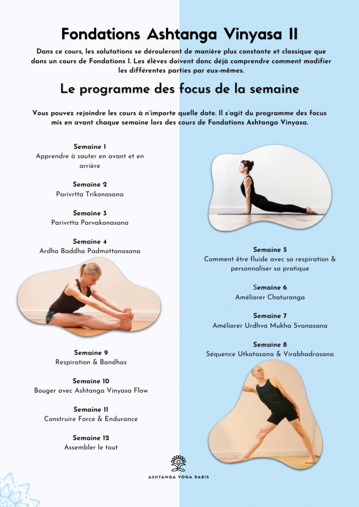 Fondations Ashtanga Vinyasa 2 - Programme des focus hebdomadaires : Dans ce cours, les salutations se dérouleront de manière plus constante et classique que dans un cours de Fondations I. Les élèves doivent donc déjà comprendre comment modifier les différentes parties par eux-mêmes.